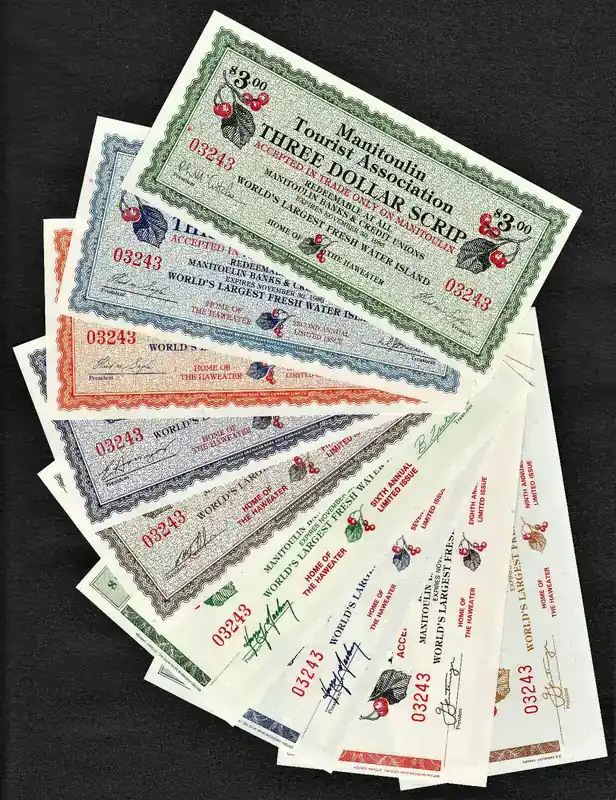Premium - 3 Dollar Canada Local Currency MANITOULIN 9 MATCHING Serial SET 1985-1993 UNC unz
