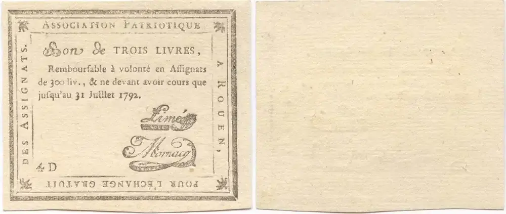 Frankreich – Rouen, 3 Livres 1792 Geldschein Assignate UNC - Letzte Stücke
