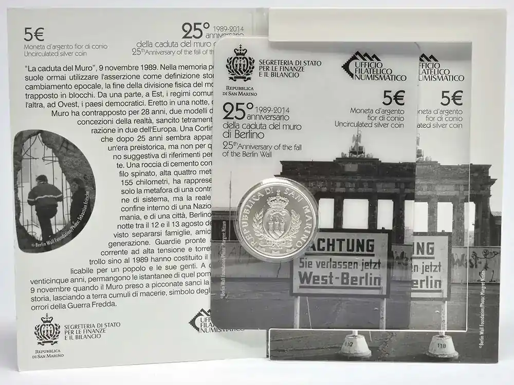 Bestpreis - San Marino 5 Euro 25. Jahre Fall der Berliner Mauer 2014 Stgl.
