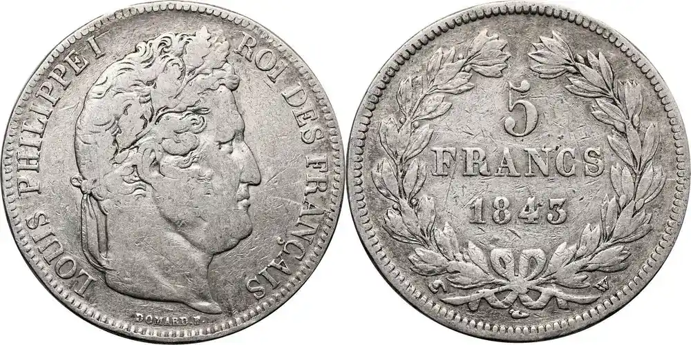 France 5 Francs 1843 W Lille Mint fast ss / schön+ - Preishit